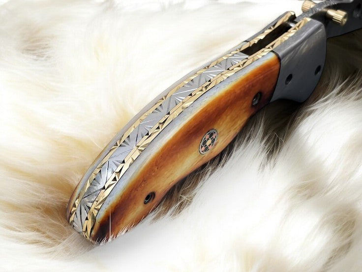 Close-up of the Damascus Steel Blade on Fancy Folding Knife
