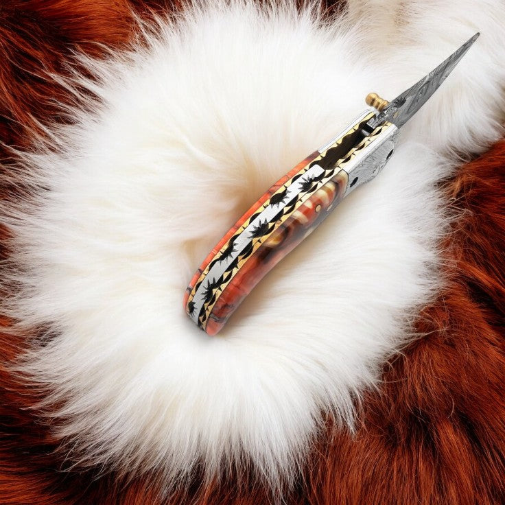 Damascus Pocket Knife with Liner Lock and Leather Case
