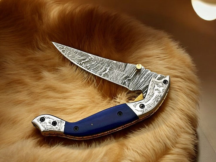 3.5-inch Damascus Blade on Custom Handmade Big Pocket Knife
