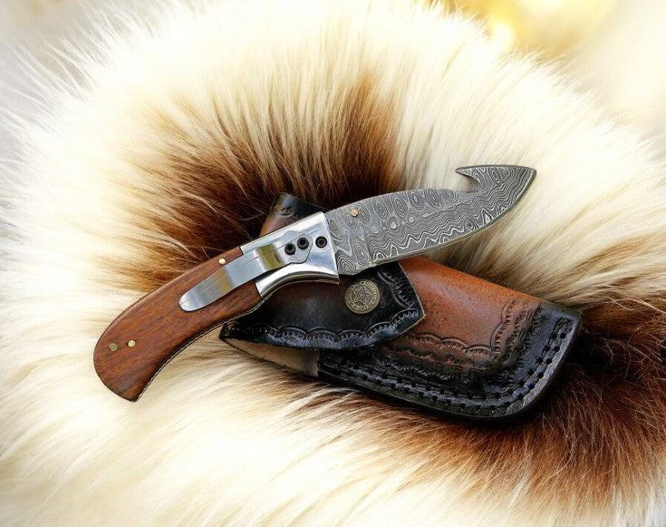 Custom Handmade Damascus Gut Hook Clip Knife with Rosewood Handle
