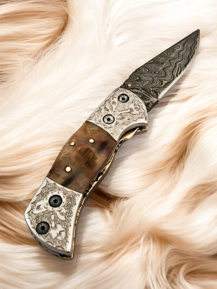Custom Handmade Damascus Steel Unique Pocket Knife with Sheep Horn Handle
