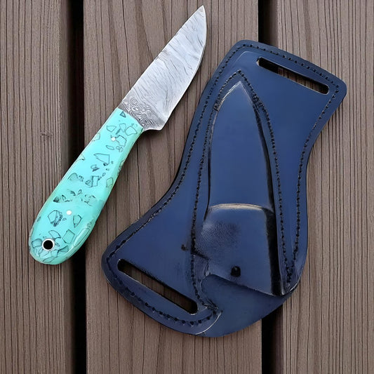 Custom Damascus Horizontal Belt Knife – 8" Epoxy Resin Handle
