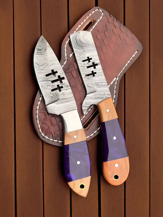 Handmade Damascus Cowboy Knives – 8 Inch with Olivewood Handle, Cowboy knife and bull cutter knife with sheath