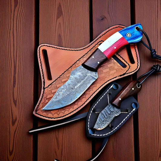 Custom Damascus Belt Knife – Texas Flag Handle with Bonus Small Knife