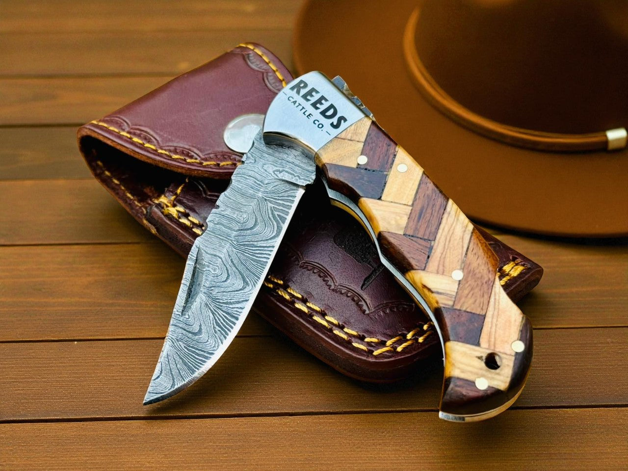 EDC Pocket Knife – 3" Damascus Folding Blade w/ Olive & Rosewood Handle