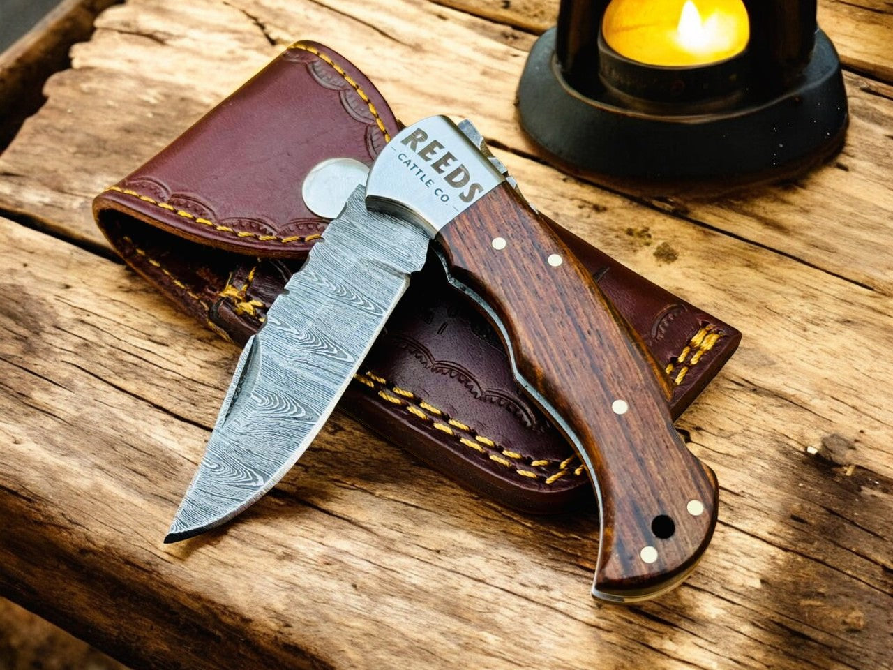 Everyday Carry Pocket Knife – 3" Damascus Folding Blade, Rosewood Handle