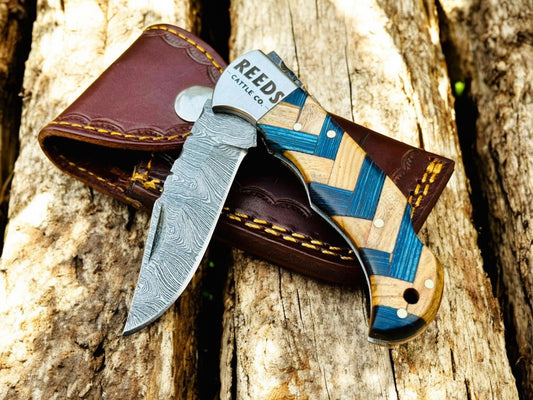 Damascus Pocket Knife with 3" Folding Blade & Olivewood Handle