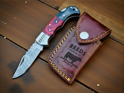 Folding Pocket Knife 3" Damascus Blade with Red/Black Pakka Wood