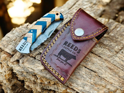 Damascus Pocket Knife with 3" Folding Blade & Olivewood Handle