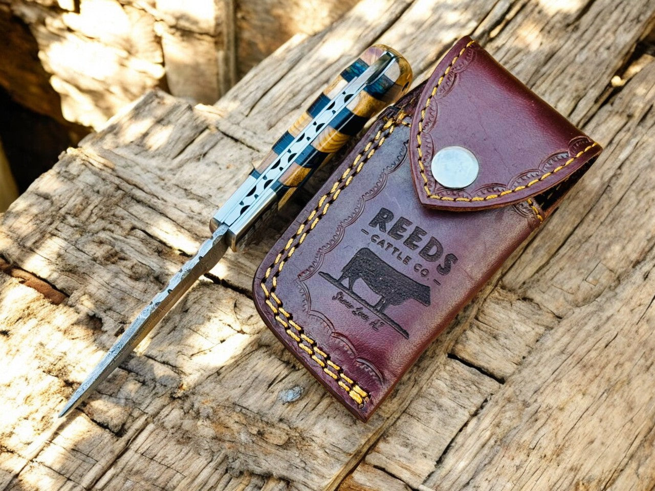 Damascus Pocket Knife with 3" Folding Blade & Olivewood Handle