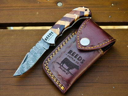 EDC Pocket Knife – 3" Damascus Folding Blade w/ Olive & Rosewood Handle