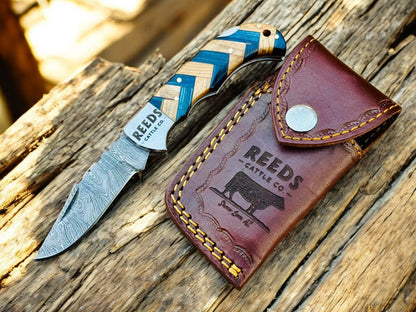 Damascus Pocket Knife with 3" Folding Blade & Olivewood Handle