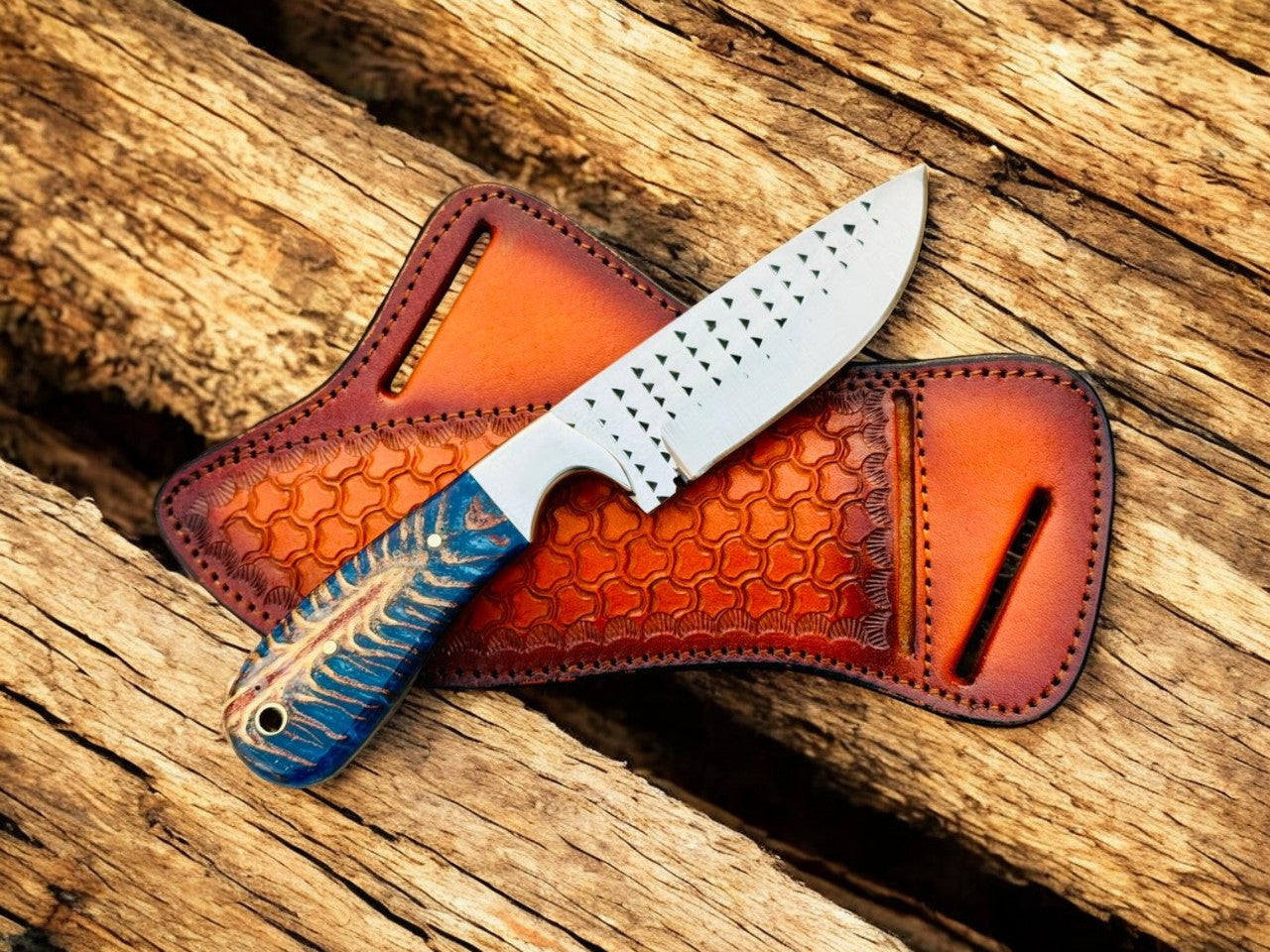 Hunting Knife with 4" Rasp Steel Blade & Blue Pine-Cone Resin Handle