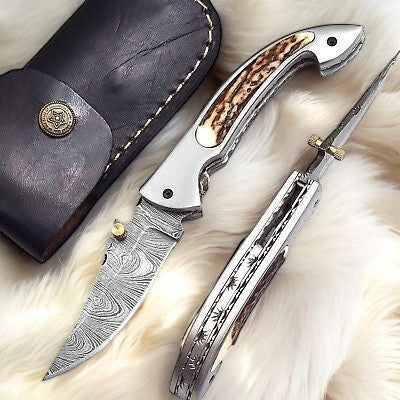Close-up of Stag Horn and Steel Frame Folding Knife 3 Inches
