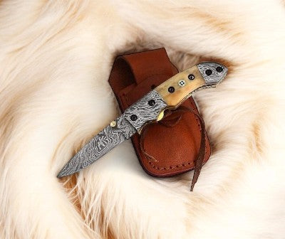 Custom Clip Knife with Leather Case and Damascus Steel Blade
