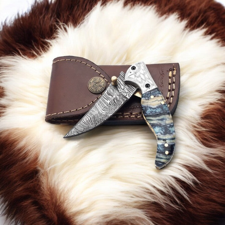 Handmade Damascus Steel Pocket Knife with Epoxy Resin Handle in Leather Case
