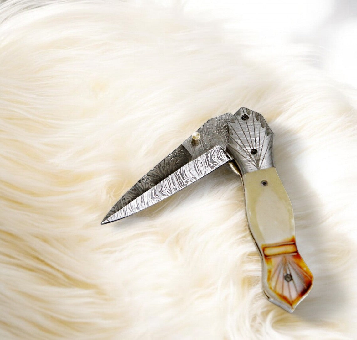 Folding Dagger Knife with Steel Bolster and Leather Case
