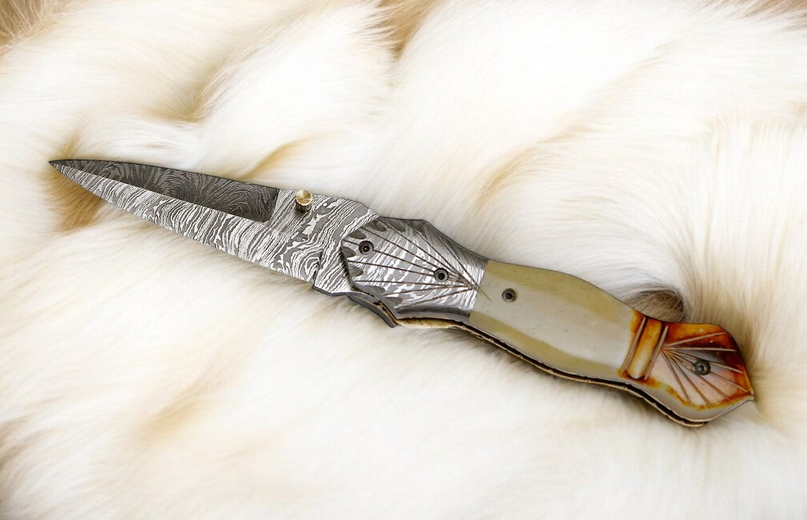 Elegant Bone Handle on Custom Folding Dagger Pocket Knife

