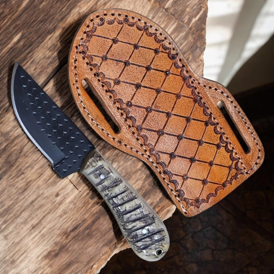 Custom Handmade Cowboy Knife with Sheep Horn Handle & Leather Sheath