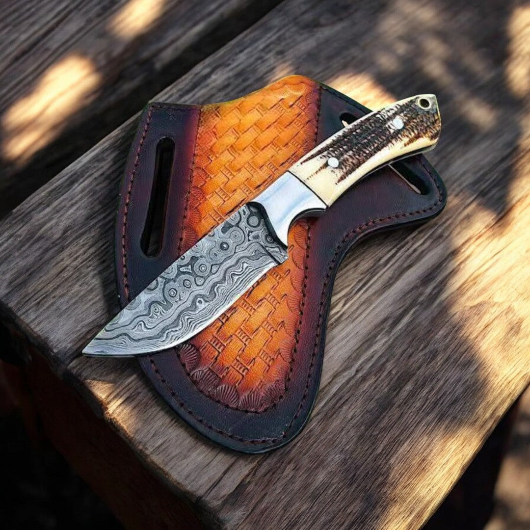 Knife with Sheath – Custom Handmade Raindrop Damascus Knife
