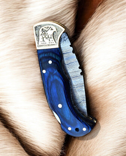 Everyday Carry Knife with Engraved Brass Bolster and Damascus Steel Blade
