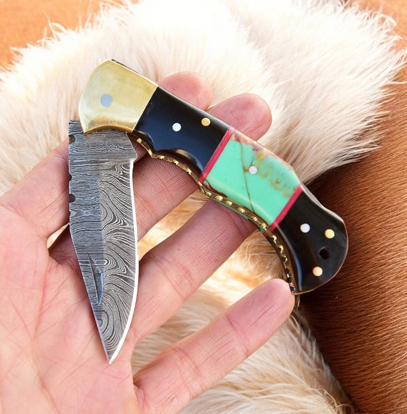 Pocket Knife EDC with 3-Inch Damascus Blade and Buffalo Horn Handle

