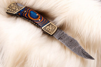 3-inch Blade Damascus Steel Pocket Knife with Exotic Wood Handle
