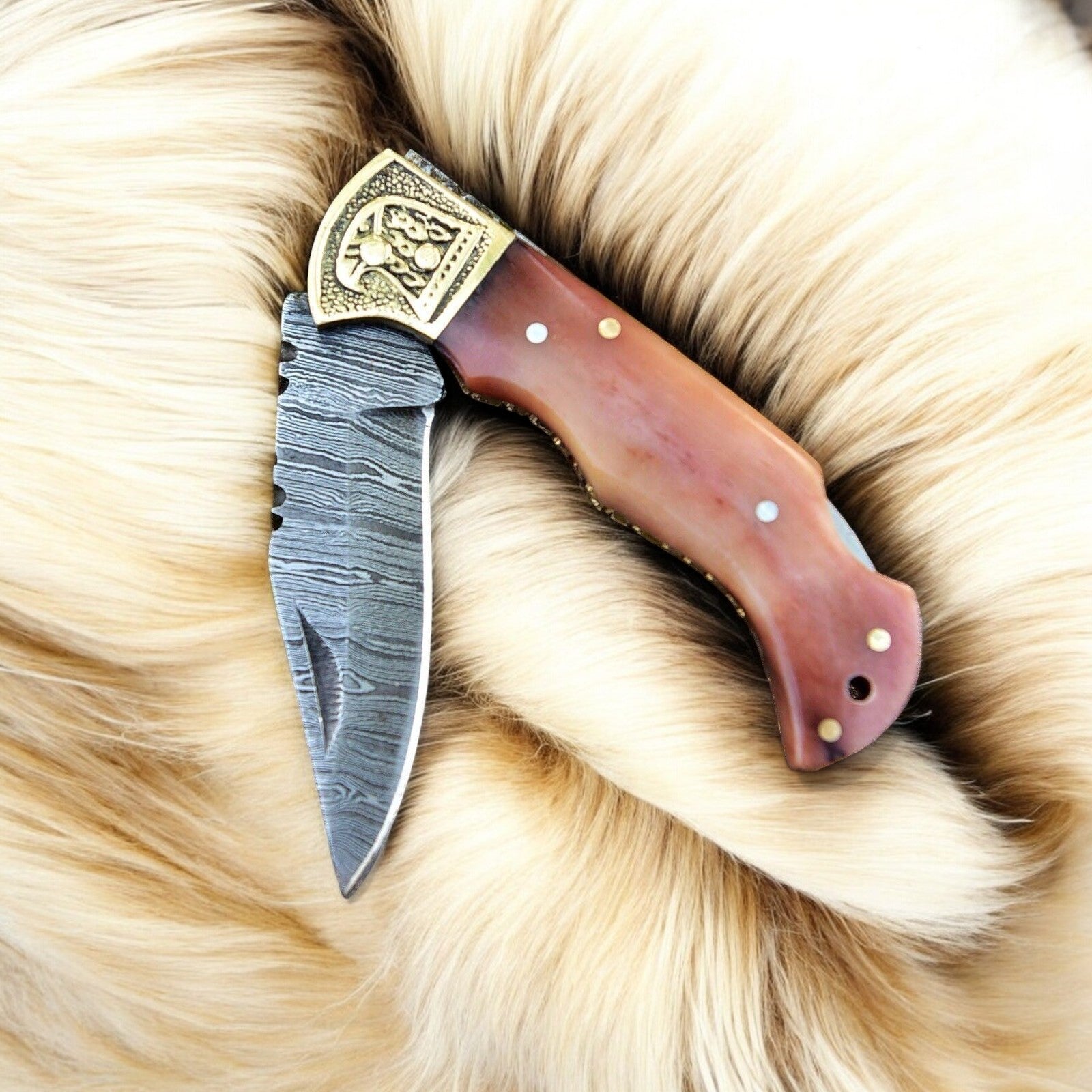 Damascus Steel Slim Pocket Knife with Engraved Brass Bolster and Case
