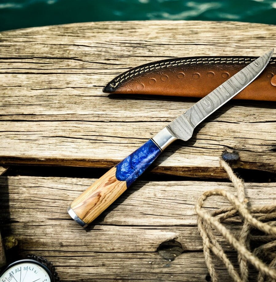 Close-Up of Damascus Steel Blade on Personalized Fillet Knife

