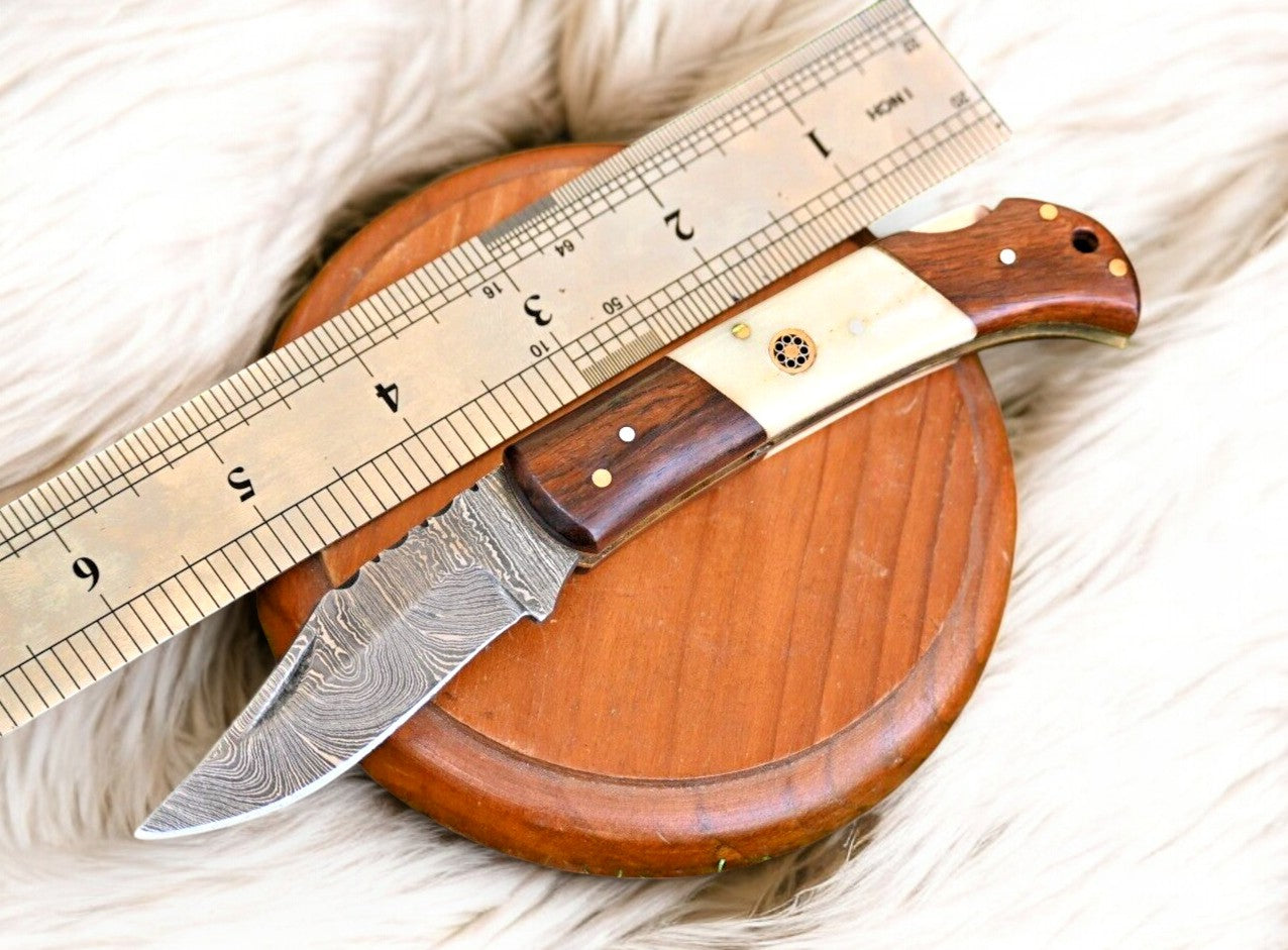 3-inch Blade Damascus Folding Knife with Leather Sheath
