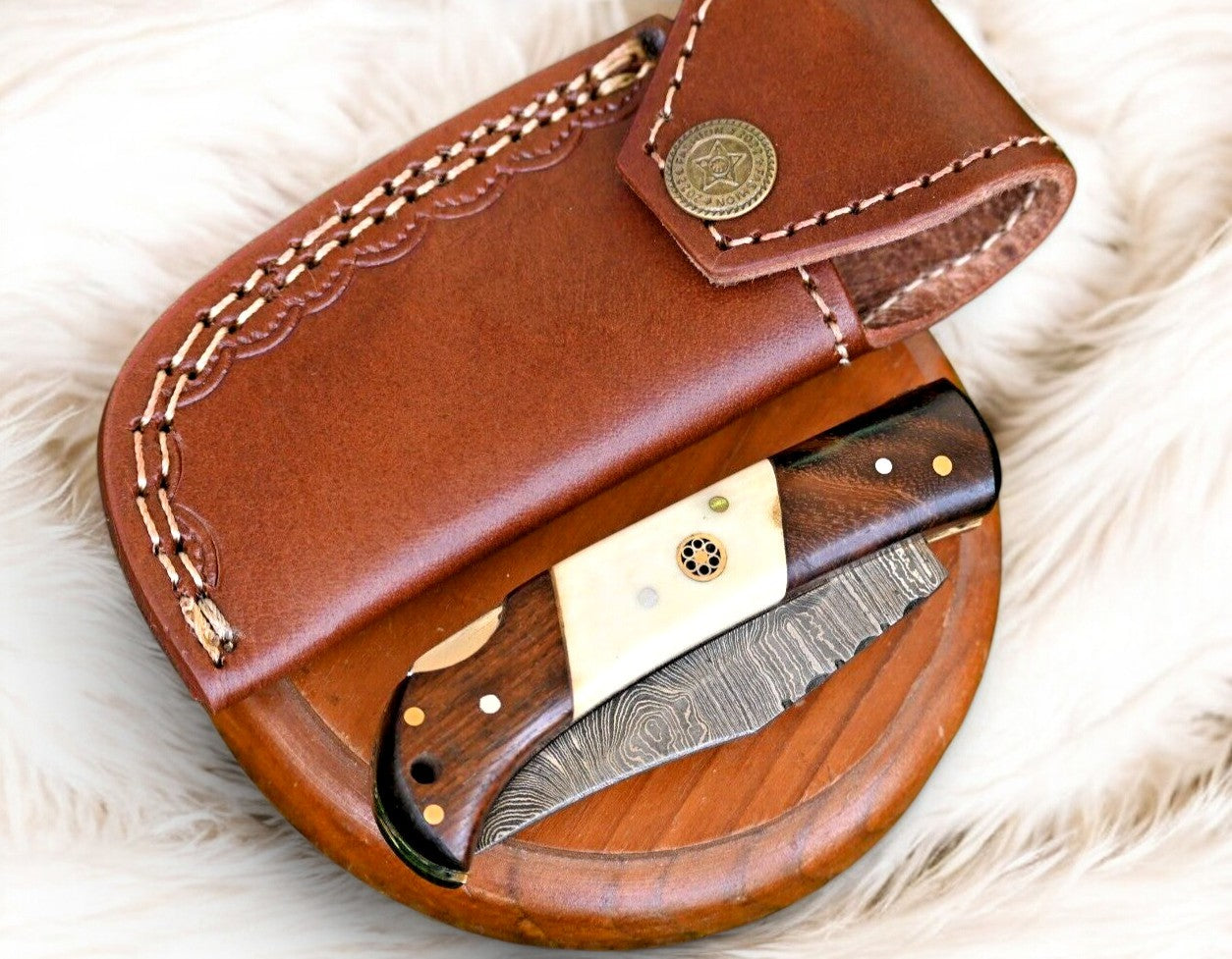Full View of Damascus Folding Knife with Leather Sheath