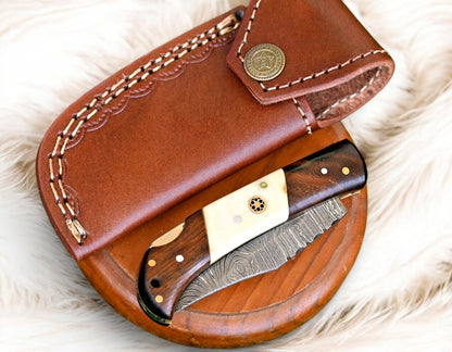 Full View of Damascus Folding Knife with Leather Sheath