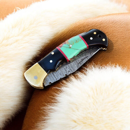 Compact 3-Inch Damascus Pocket Knife EDC with Back Lock Mechanism
