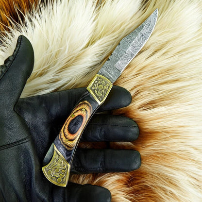 3-inch Damascus Steel Folded Knife with Exotic Wood Handle
