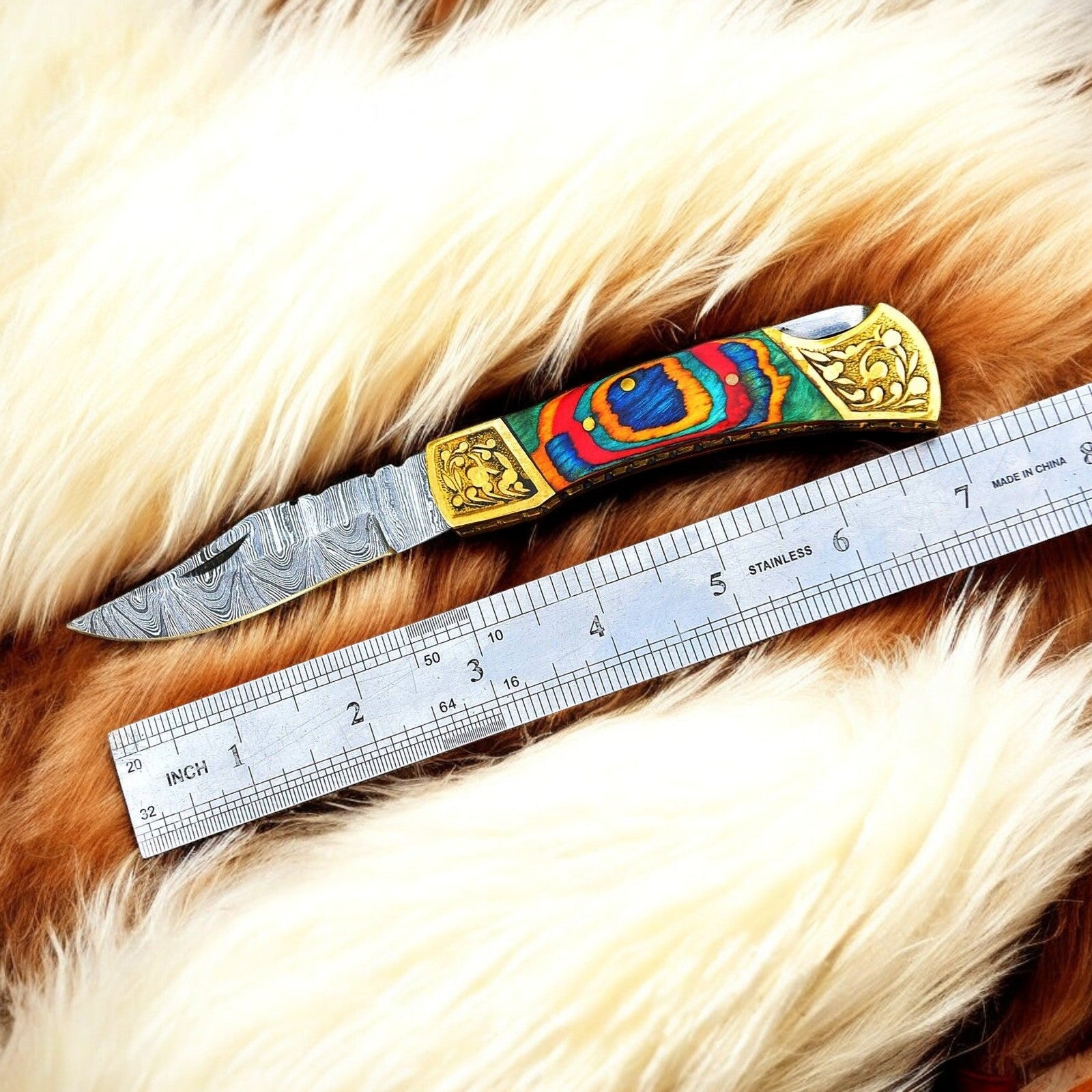 Close-up of 3-inch Damascus Blade on Classic Pocket Knife

