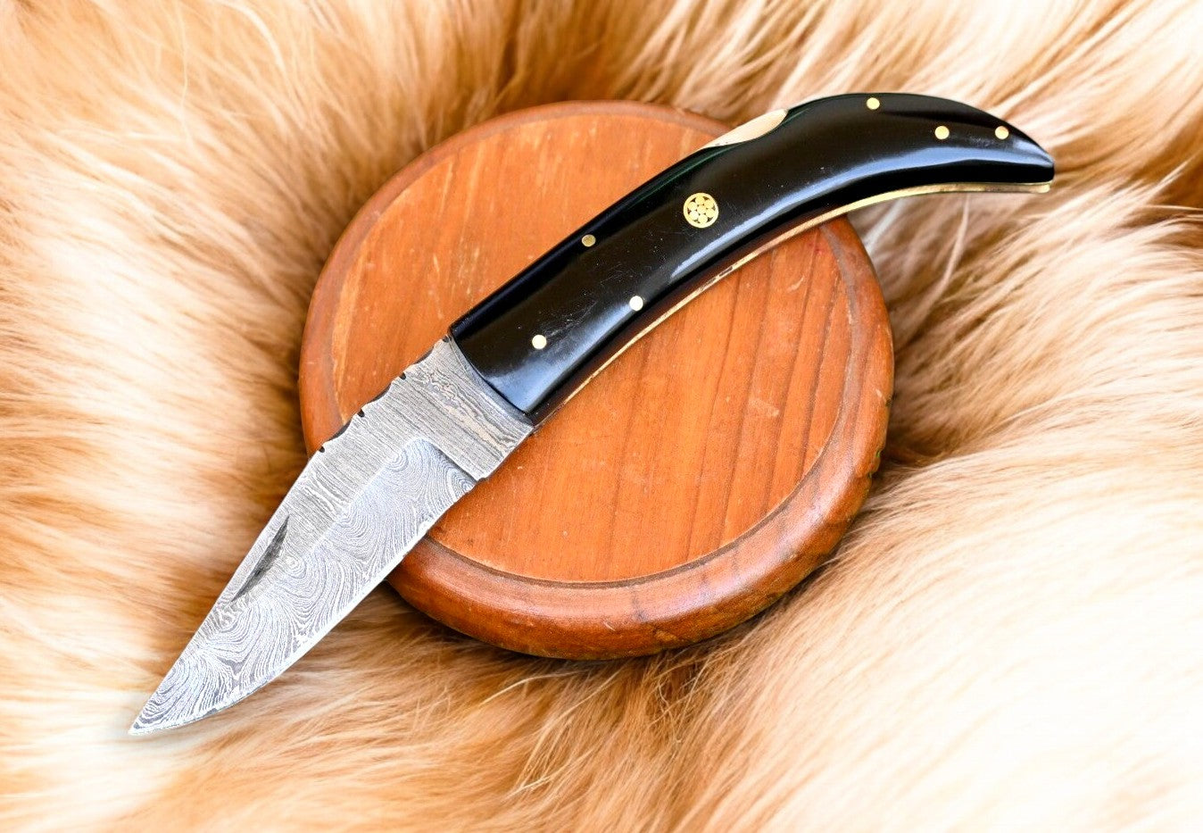 3-inch Damascus Steel Black Pocket Knife with Buffalo Horn Handle

