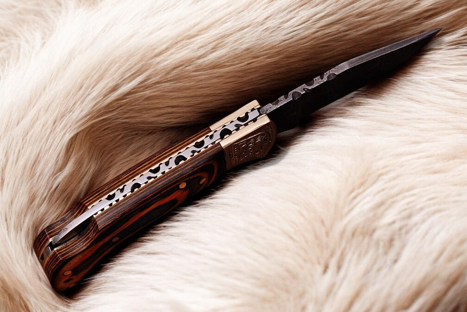 Damascus Steel Classic Pocket Knife with Exotic Wood and Brass Bolster
