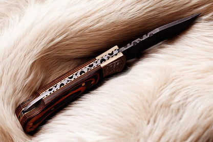 Damascus Steel Classic Pocket Knife with Exotic Wood and Brass Bolster
