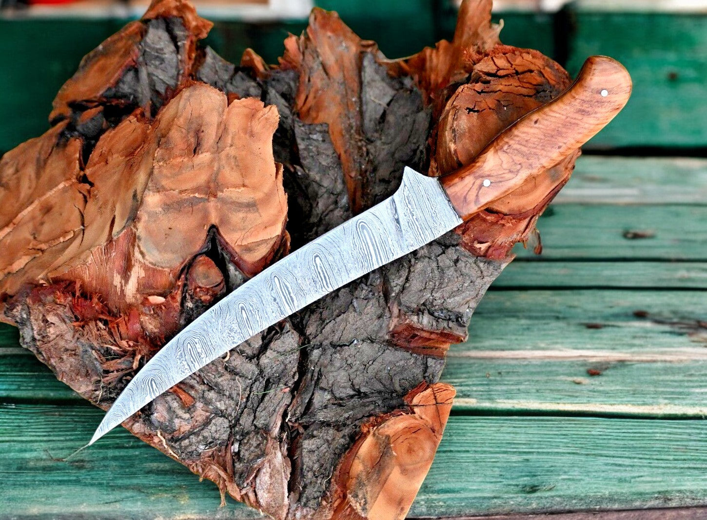 Olive Wood Handle Damascus Filleting Knife for Precision Cuts
