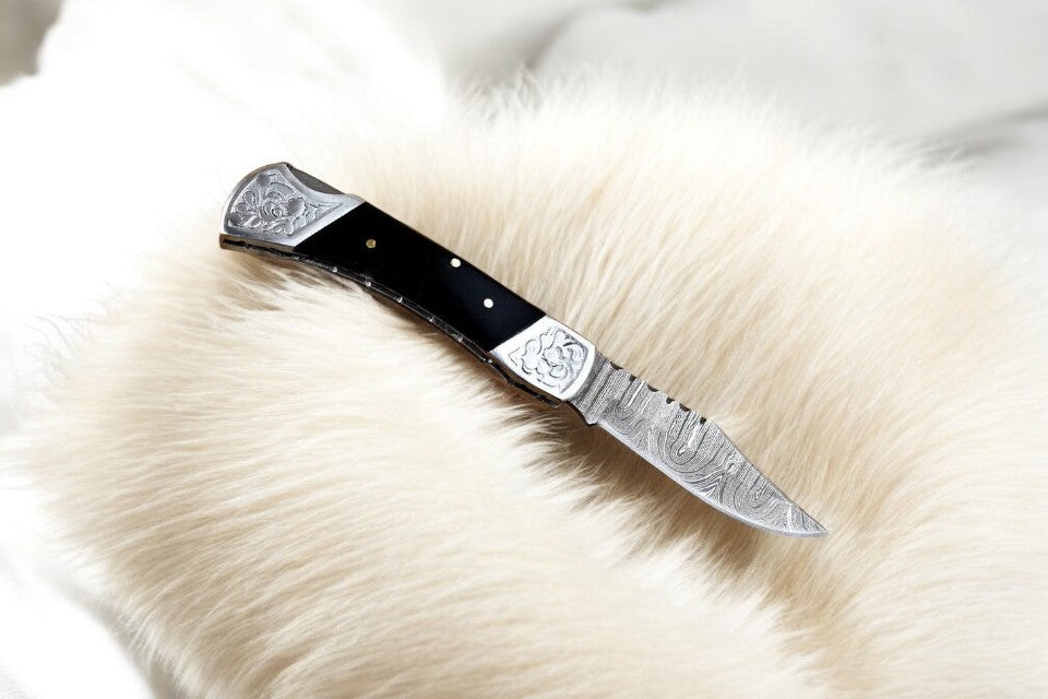 Custom handmade EDC pocket knife with a 3-inch Damascus steel blade
