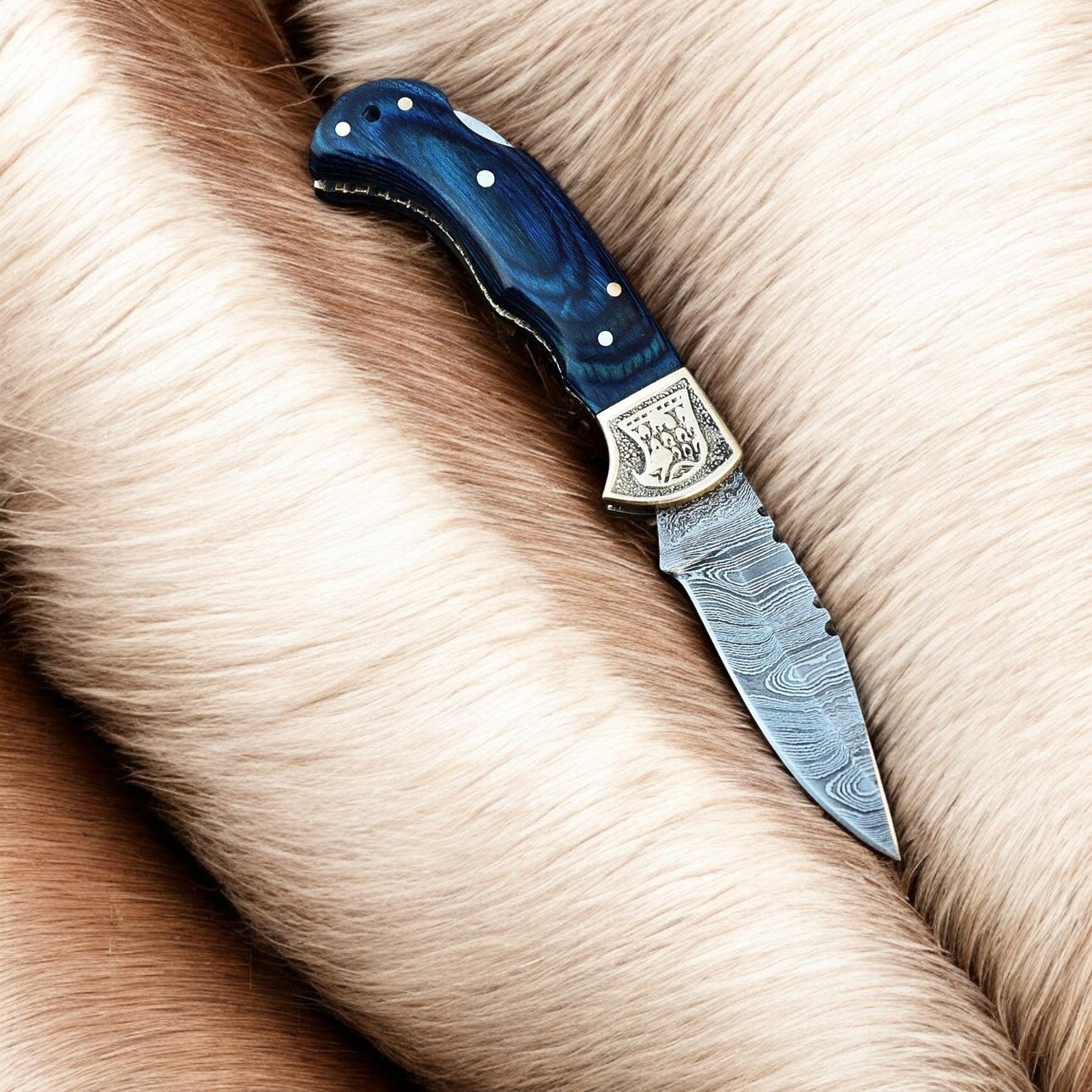 3-inch Damascus Blade Everyday Carry Knife with Brass Engraved Bolster

