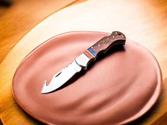 Custom Handmade Folding Gut Hook Knife with Exotic Wood Handle
