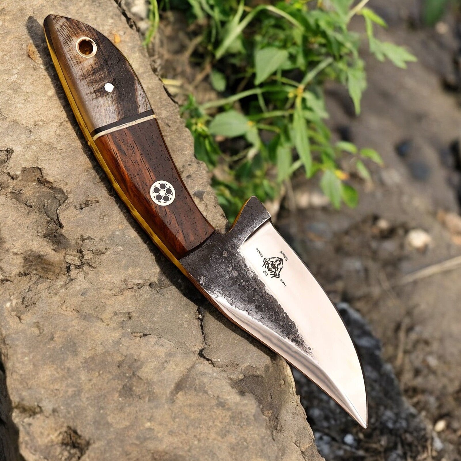 High carbon steel blade of top hunting knife glinting in outdoor light.

