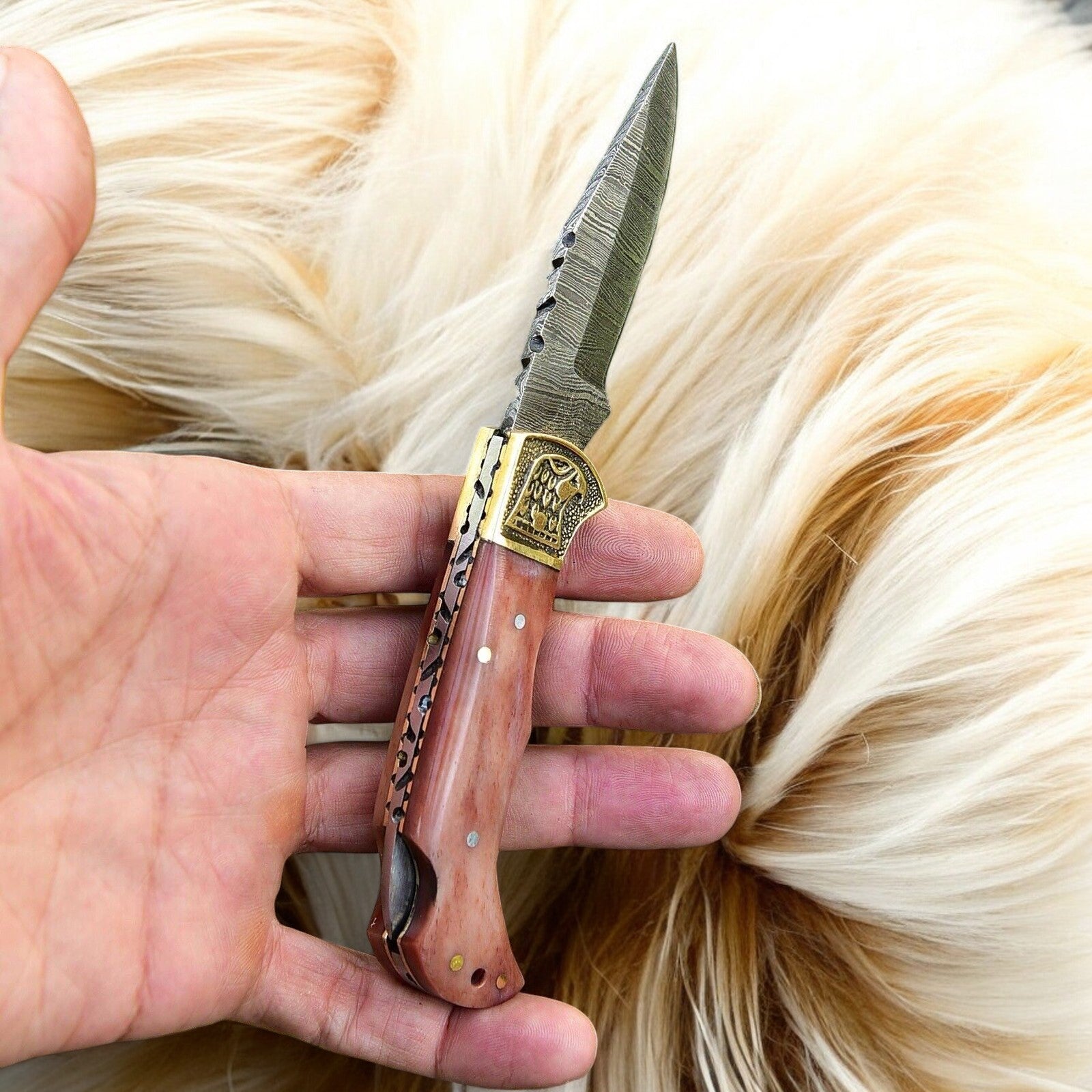 3-inch Damascus Blade Slim Pocket Knife with Brass Bolster
