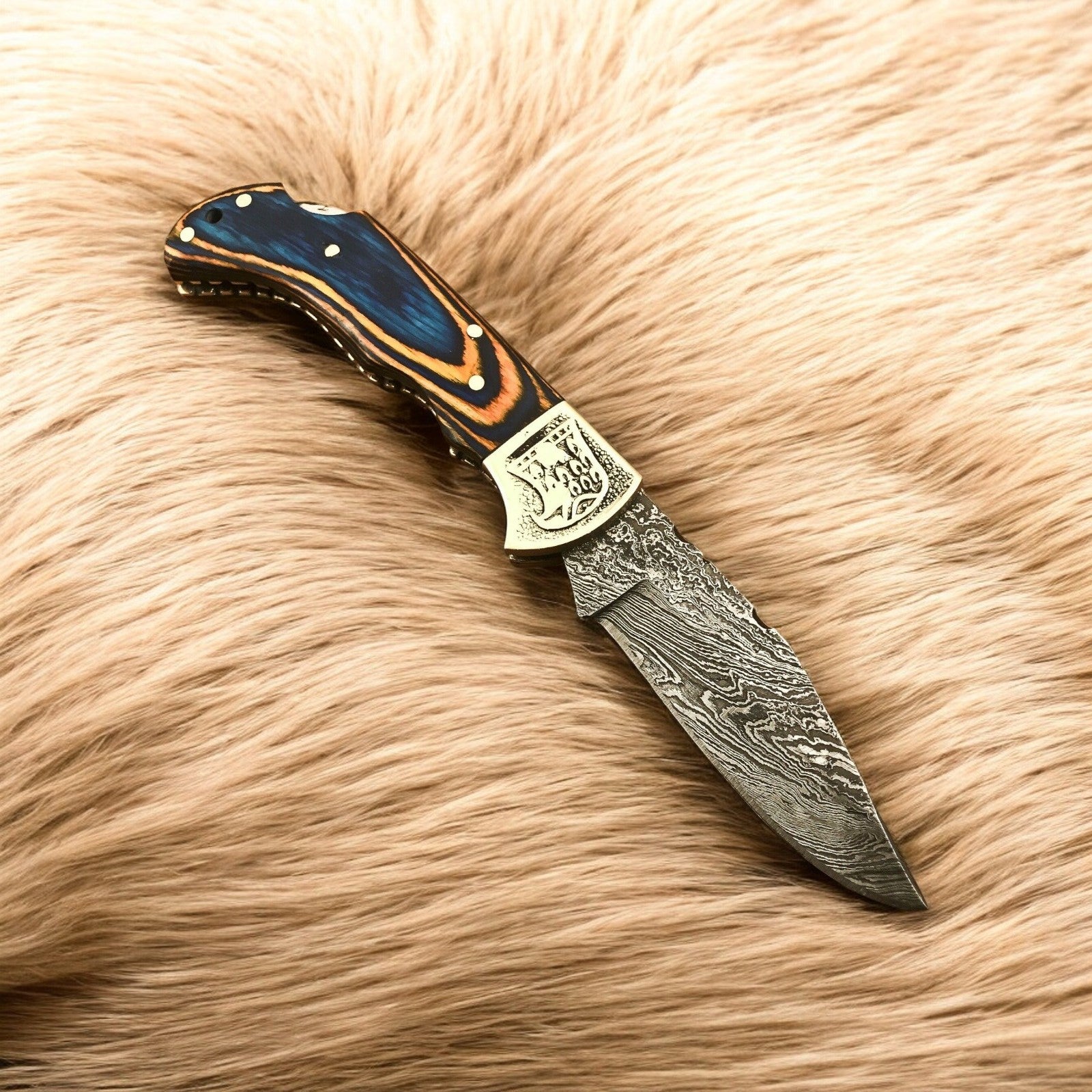 3-inch Damascus Steel Foldable Knife with Engraved Brass Bolster
