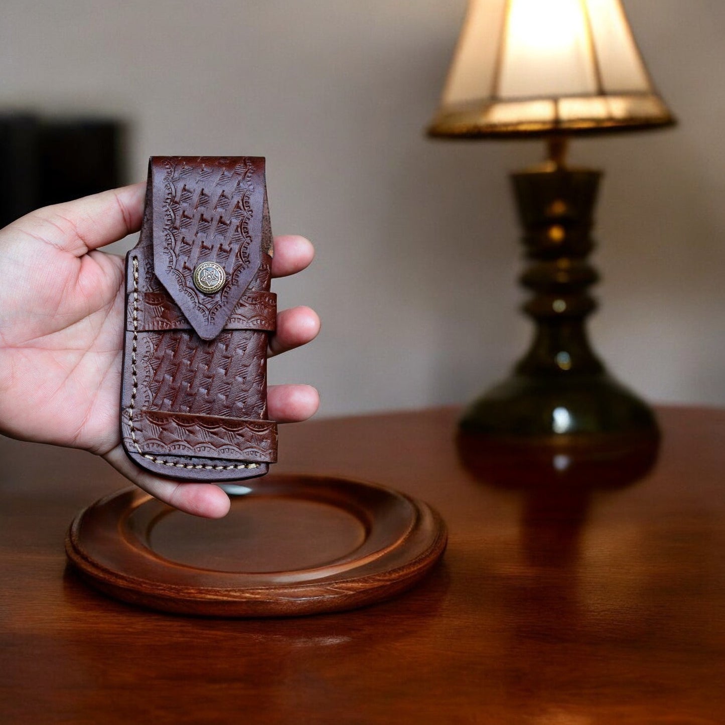 Exotic Wood Handle Folding Knife with Leather Sheath
