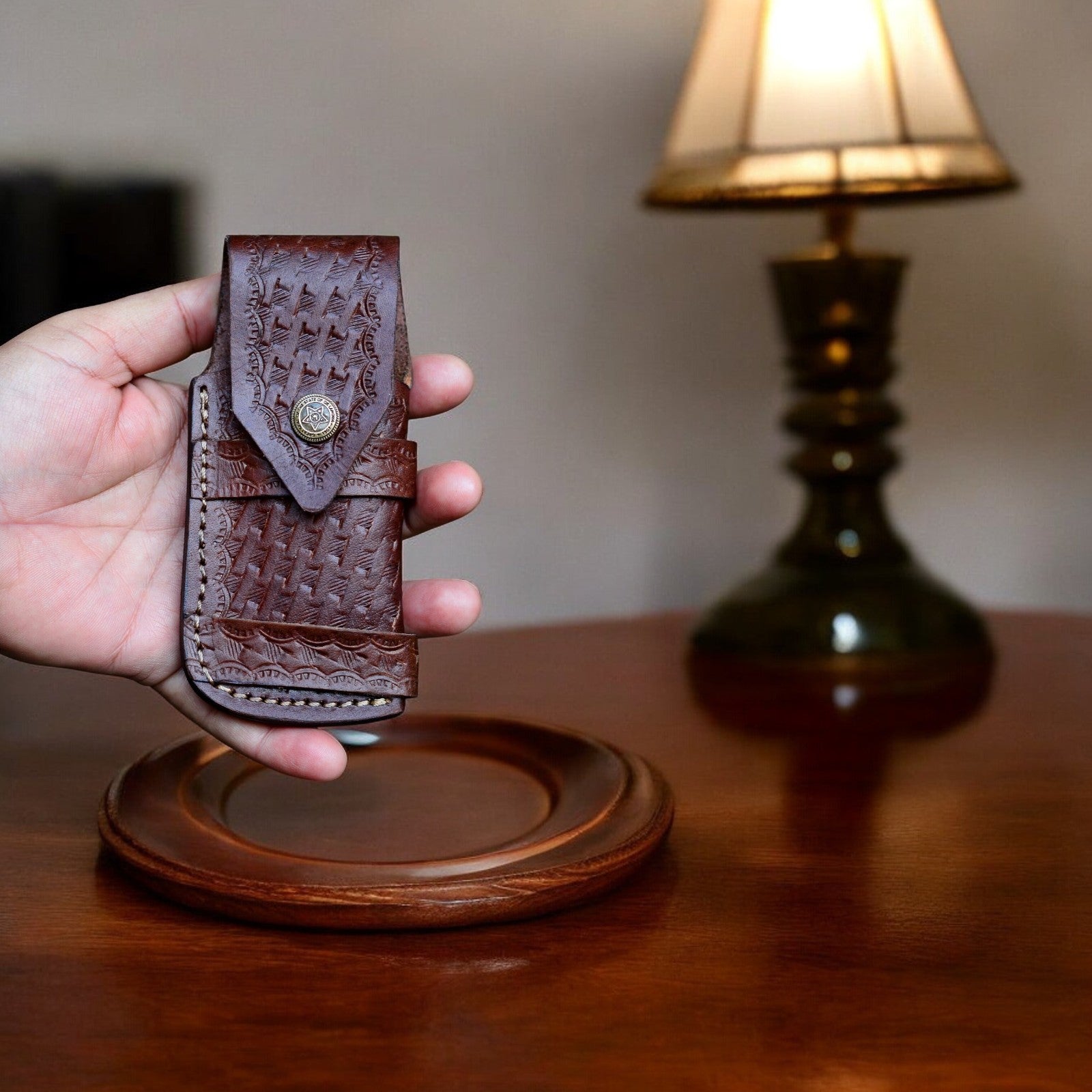 Exotic Wood Handle Folding Knife with Leather Sheath
