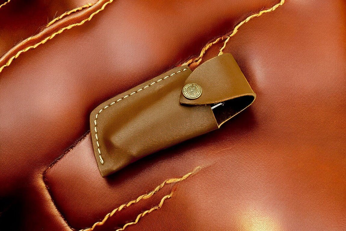 Handmade pocket knife with back lock mechanism and leather case

