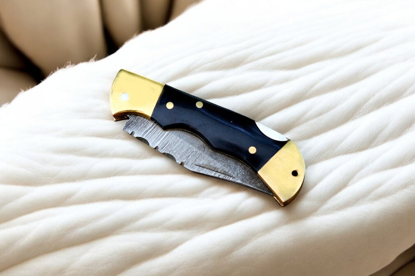 Damascus Steel 3-inch Blade on Black Folding Knife

