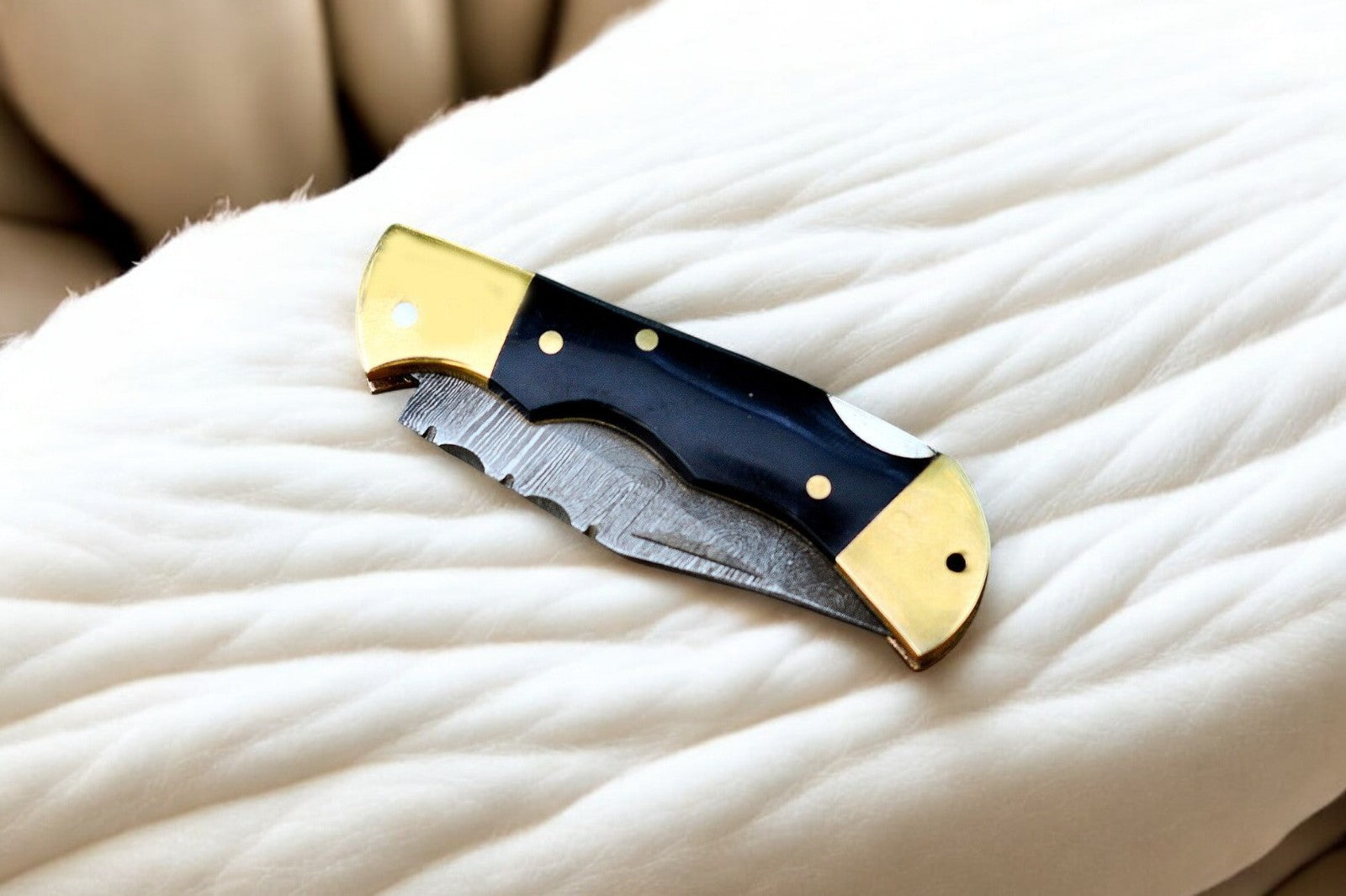 Damascus Steel 3-inch Blade on Black Folding Knife
